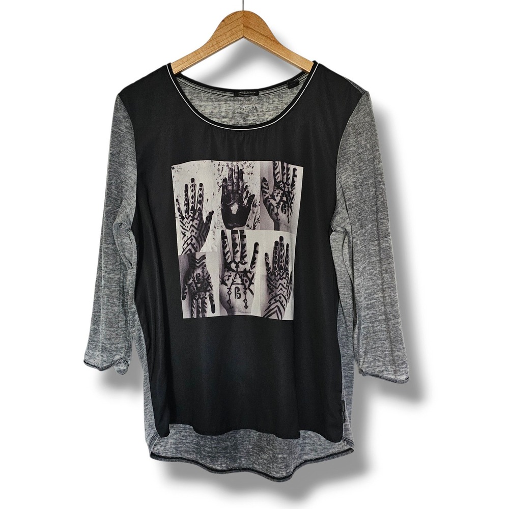 Maison Scotch Top 4/L Women Black Grey Henna Hand Graphic Mixed Media Artsy Chic